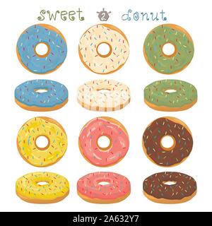 Abstrakt Vektor icon Abbildung: Logo für glasierten süßen Donut. Donut Muster bestehend aus Haufen von verschiedenen farbigen Konfektion Donuts. Essen lecker c Stock Vektor