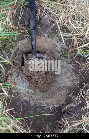 Eine tiefe Grube graben mit Schaufel für die wiederbepflanzung von Pflanzen in einer besseren Boden Stockfoto