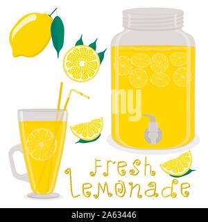 Vector Illustration logo für Slice gelb Zitrusfrüchte Zitronen, Glas mit Limonade. Jar Muster bestehend aus Glas Krug Limonaden, natürliche sw gefüllt Stock Vektor