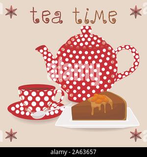 Vector Illustration für Keramik Tasse, weiß Teekanne Teetasse mit Untertasse, Schicht Karamell Käsekuchen. Teetasse Muster von Tee in Porzellan Tassen, Kanne gebraut, Stock Vektor