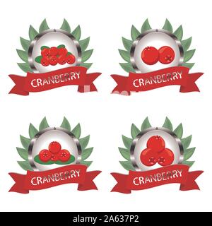 Abstrakt Vektor icon Abbildung: Logo für ganze reife rote Beere Cranberry, grünes Blatt auf Obst Hintergrund. Cranberry Muster bestehend aus Label natur Stock Vektor