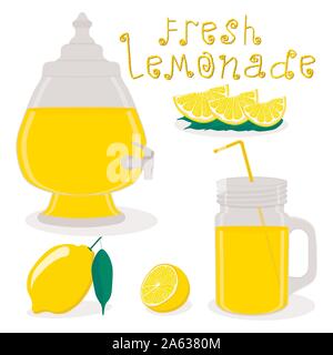 Vector Illustration logo für Slice gelb Zitrusfrüchte Zitronen, Glas mit Limonade. Jar Muster bestehend aus Glas Krug Limonaden, natürliche sw gefüllt Stock Vektor