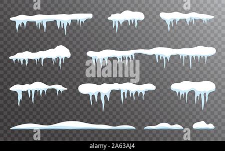 Schnee Eiszapfen auf transparentem Hintergrund gesetzt. Snow caps Collection. Snowdrift Vorlage isoliert. Winter Elemente und verschneiten Objekte. Weiß snowcap Grenzen. Stock Vektor