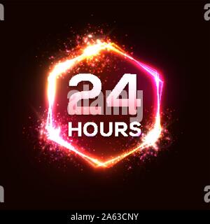 24 Stunden Leuchtreklame. Leichte Banner Design öffnen. Stock Vektor