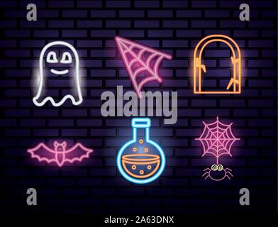 Bündel von Halloween set Neon leuchten Symbole Stock Vektor