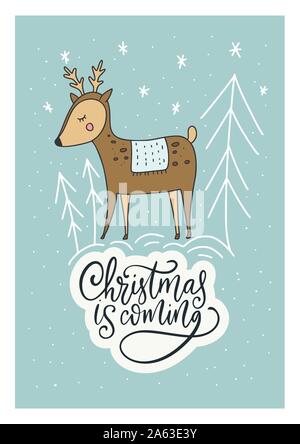 Winter Vektor Karte. Hand gezeichnet Frohe Weihnachten Cartoon Doodle reh Rentier Kunst mit Schriftzug Zitat - Weihnachten steht vor der Tür. Stock Vektor