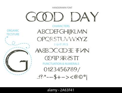 Handdrawn kalligrafischen Vektor Großbuchstaben Font. Not grunge Textur. Moderne Kalligraphie geben. ABC Typografie lateinische Alphabet mit Ligaturen. Stock Vektor