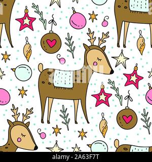 Winter nahtlose Vektor Muster. Weihnachten doodle Cartoon Illustration mit cute Deer tierische Stars und Weihnachtsschmuck. Stock Vektor