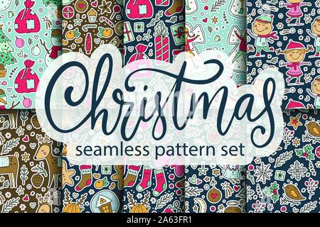 Nahtlose winter vector Pattern. Reich verzierte Urlaub Hintergrund Sammlung mit cute cartoon Weihnachten Illustrationen - Rotwild, Engel, Vogel, Tannenbaum Dekorationen, Geschenke und hausgemachte Kekse, Mädchen und Jungen, Kinder spielen Saison spiele. Stock Vektor
