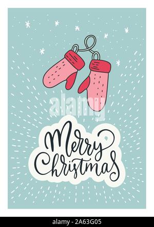 Winter Vektor Karte. Hand gezeichnet Frohe Weihnachten Cartoon Doodle Kunst mit Schriftzug Zitat - Frohe Weihnachten. Stock Vektor