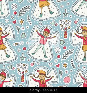 Nahtlose winter Vektor Muster in der Hand gezeichnet doodle Stil. Cute cartoon Aufkleber Illustration - Mädchen und junge spielt Schnee Engel. Kinder Weihnachtskarte. Stock Vektor