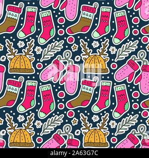 Nahtlose Weihnachten Winter vektor Muster. Hut mit Rotwild Hörner, Socken und Handschuhe in Hand gezeichnet doodle Stil. Stock Vektor
