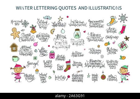 Weihnachten große Vektor einrichten. Riesige Holiday Collection mit cute Cartoon dekorativen Illustrationen und hand Schrift zitiert. Kinder Mädchen und junge spielt Schnee, Lebkuchen Kekse, Kerzen und Socken. Stock Vektor