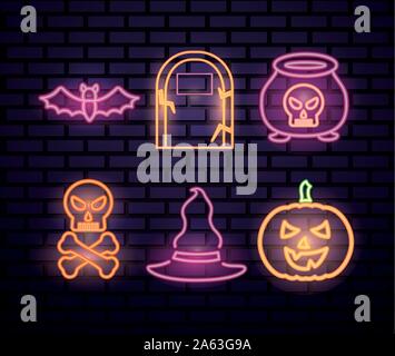 Bündel von Halloween set Neon leuchten Symbole Stock Vektor