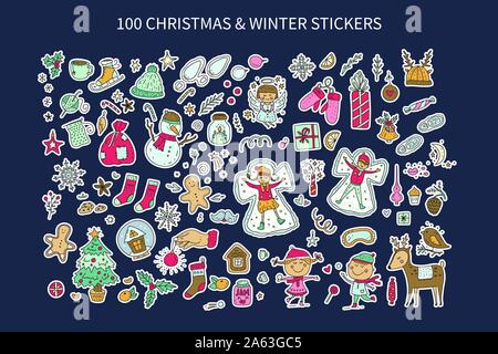 Weihnachten große Vektor doodle einrichten. Riesige urlaub Symbol Aufkleber Sammlung mit cute Cartoon dekorativen Illustrationen - Rotwild und Vogel Tier, Mädchen und Jungen, Kinder, Tannenbaum, winter Kleidung und neue Jahr Dekorationen. Stock Vektor