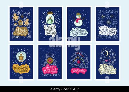 Weihnachten große Vektor einrichten. Riesige Holiday Card Collection mit cute Cartoon winter Illustrationen und hand Schrift zitiert. Im Winter kommen, Zuckerstangen. Liebe auf Frost Anblick. Stock Vektor