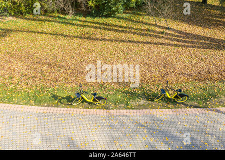 Gelbe rent-a-bike in der Nähe von Wanderweg in öffentlichen Park geparkt auf einem sonnigen Herbsttag. Luftbild Stockfoto