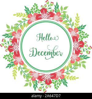 Handgeschriebene Grußkarte von Hello Dezember, mit Kunstwerken der roten Blume Rahmen. Vektor Stock Vektor