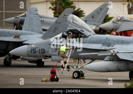 Spanische Luftwaffe F/A-18 Hornet aircrew Für eine Sortie zur Unterstützung der Übung Ocean Sky 19 in Gando Air Base, Okt. 23, 2019 vorbereiten. Die multinationale Ausbildung, entwickelt und von der spanischen Luftwaffe koordiniert, ist das grundlegende Prinzip, dass eine starke militärische Allianz alle aktuellen oder potenziellen Bedrohung für die NATO, ihre Partner oder ihre Verbündeten abhalten können. (U.S. Air Force Foto/Tech. Sgt. Matthäus Plew) Stockfoto