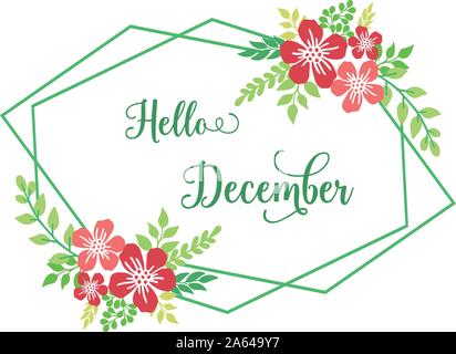 Handgeschriebene Grußkarte von Hello Dezember, mit Kunstwerken der roten Blume Rahmen. Vektor Stock Vektor