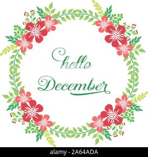 Handgeschriebene Grußkarte von Hello Dezember, mit Kunstwerken der roten Blume Rahmen. Vektor Stock Vektor