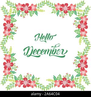 Handgeschriebene Grußkarte von Hello Dezember, mit Kunstwerken der roten Blume Rahmen. Vektor Stock Vektor
