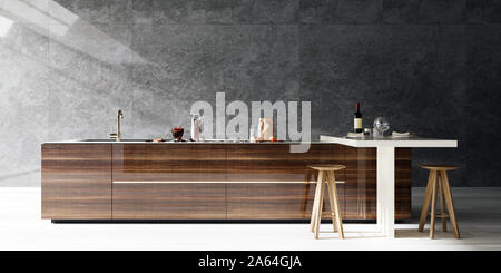 Modernes Interieur Küche, dunklen Ton Steinplatte Wand mit hellen, hohen Kontrast, 3D-Rendering, 3D-Darstellung