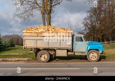 Muldenkipper mit einem Körper voller Brennholz bereit zur Auslieferung Stockfoto