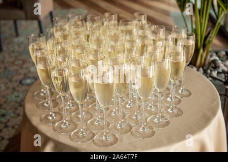 Eine Menge Gläser mit Champagner auf dem Tisch. Buffet mit Sekt. Gläser mit Champagner. Stockfoto