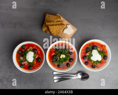 Traditionelle ukrainische Russischen Borschtsch mit Oliven, Dill, Knoblauch, Schmalz zu den Schalen. Rote-bete-Suppe Ansicht von Oben. Traditionelle ukrainische Essen Küche. Kopieren spa Stockfoto