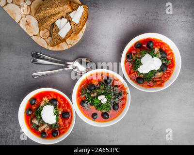 Traditionelle ukrainische Russischen Borschtsch mit Oliven, Dill, Knoblauch, Schmalz zu den Schalen. Rote-bete-Suppe Ansicht von Oben. Traditionelle ukrainische Essen Küche. Kopieren spa Stockfoto