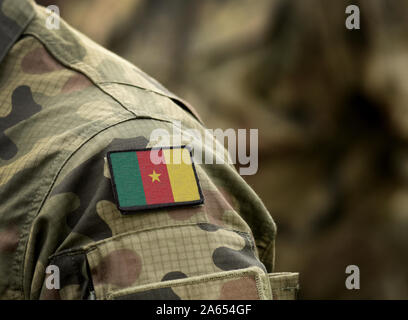 Flagge Kamerun auf der Uniform. Armee, Soldaten, Soldaten, Afrika, (Collage). Stockfoto