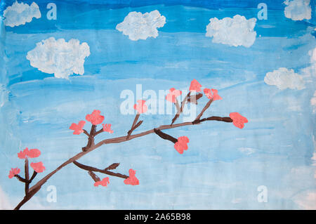 Sakura Zweig von einem Kind gemalt Stockfoto