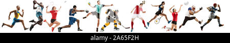 Kreative Collage der sportliche Modelle laufen und springen. Werbung, Sport, gesunder Lebensstil, Bewegung, Aktivität, Bewegung Konzept. American Football, Fußball, Tennis, Volleyball, Badminton Rugby Stockfoto