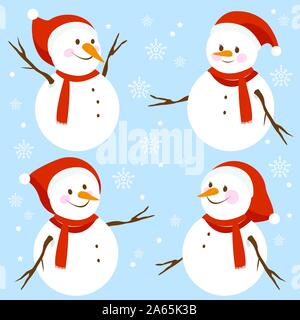 Schneemänner mit Weihnachten Mützen und Schals. Vector Illustration. Stock Vektor