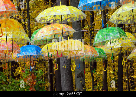Herbst - themed Schirme hängen über den Park Alley. Vor dem Hintergrund der Bäume mit Laub gelb Schirme mit bunten Farben des Herbstes. Ein Aufstand der Stockfoto