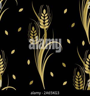 Nahtlose Muster mit gold Weizen ährchen auf schwarzem Hintergrund. Vector Illustration Stock Vektor