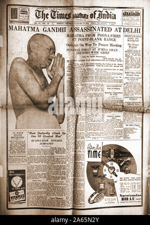 Collage von Zeitungen die Berichterstattung Mahatma Gandhi Ermordung, Indien, Asien, 31. Januar 1948 Stockfoto