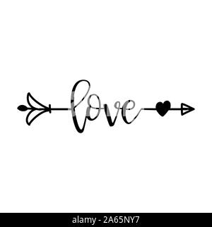 'Liebe' in boho Pfeil - schöne Schrift Kalligraphie Zitat. Handschriftliche Tattoo, Tinte Design oder Grußkarte. Moderne vector Art. Stock Vektor