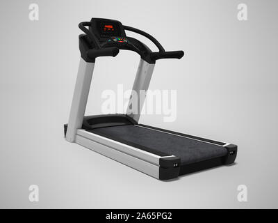 Laufband für das Training im Fitnessraum 3D-Render auf grauem Hintergrund mit Schatten Stockfoto