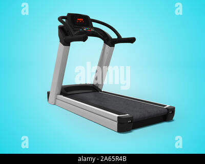 Laufband für das Training im Fitnessraum 3D-Render auf blauem Hintergrund mit Schatten Stockfoto