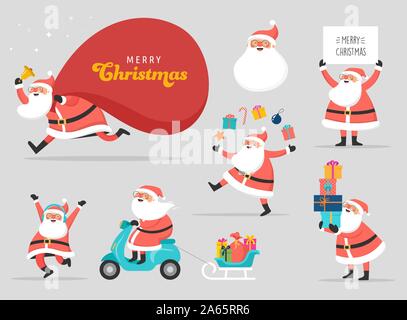 Sammlung von Santa Klauseln, tanzen, springen, Holding unterzeichnen, Fahren auf Scooter Stock Vektor