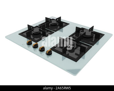 Gasherd embedded Glas Metall 3D-Render auf weißem Hintergrund kein Schatten Stockfoto