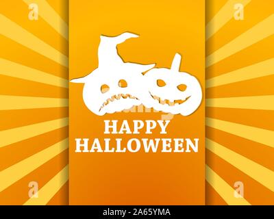 Happy Halloween, den 31. Oktober. Grußkarte mit Kürbissen und Strahlen auf orangem Hintergrund. Kürbisse mit unheimlichen Gesichter, Emotionen. Vector Illustration Stock Vektor