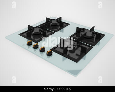 Gasherd embedded Glas Metall 3D-Render auf grauem Hintergrund mit Schatten Stockfoto