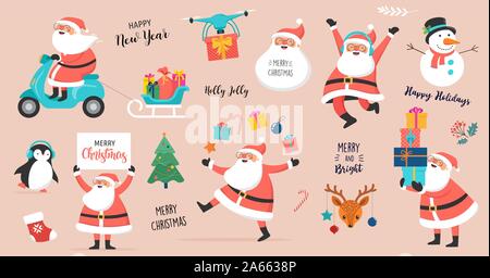Sammlung von Santa Klauseln, tanzen, springen, Holding unterzeichnen, Fahren auf Scooter Stock Vektor