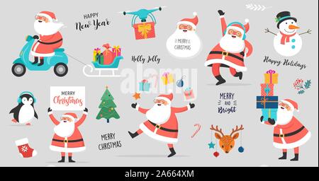 Sammlung von Santa Klauseln, tanzen, springen, Holding unterzeichnen, Fahren auf dem Motorroller. Vector Illustration Stock Vektor