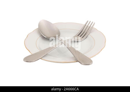 Löffel und Gabel und Teller bereit zu essen Stockfoto