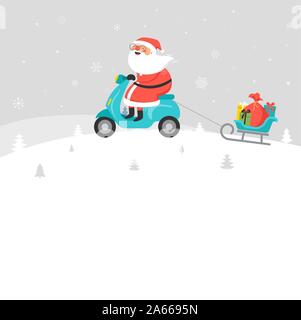 Santa Claus reiten auf dem Motorroller. Lieferung Weihnachtsgeschenke Konzept. Vector Illustration Stock Vektor