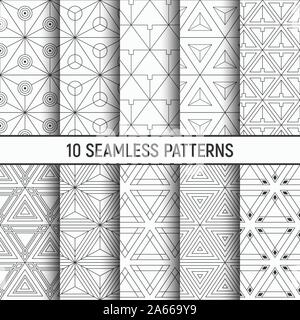 Satz von zehn Schwarzweiß nahtlose Muster der Dreiecke. Abstrakte geometrische trendy Vektor Hintergründe. Fashion Design. Modernes, stilvolles Texturen. Stock Vektor